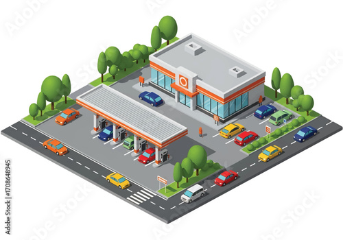 Squared 3D isometric view of a modern gas station with cars refueling, convenience store, and road access, symbolizing travel, transportation, service industry, and urban infrastructure