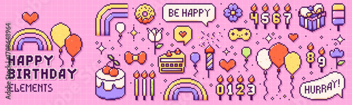 Pixel Y2K Happy birthday elements. Cute color icons on pink checkered background.