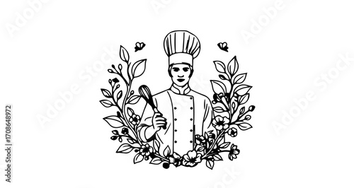 Elegant line art of a chef surrounded by floral elements, culinary artistry