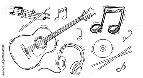 Hand drawn music instruments, a collection of musical equipment concept