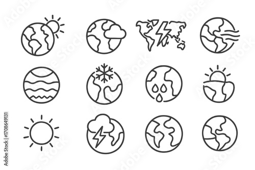 Global Weather Icons. Line style icons of global weather: sun over globe, cloud on earth, storm across map, wind path; temperature