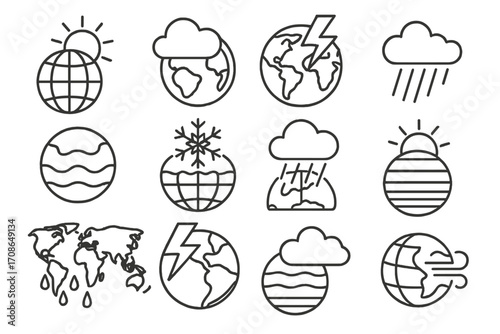 Global Weather Icons. Line style icons of global weather: sun over globe, cloud on earth, storm across map, wind path; temperature