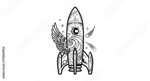 Rocket ship with wings, a celestial journey and exploration concept design