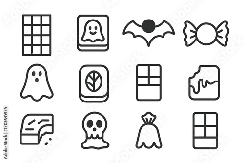 Halloween Chocolate Icons. Line style icons of chocolate Halloween treats: chocolate bar, spooky chocolate, bat truffle, wrapped