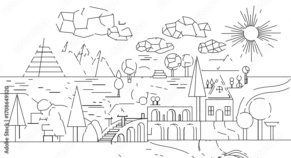 Fototapeta premium Whimsical landscape drawing, featuring nature, architecture, and fantasy elements
