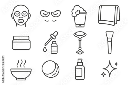 Skincare Line Icons. Line style icons of skincare and beauty: face mask, eye patches, cleansing foam, face towel; moisturizer jar,