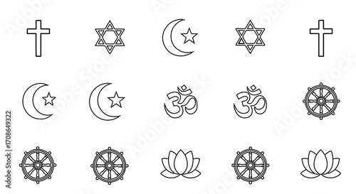 Collection of religious symbols, representing different faiths and beliefs worldwide