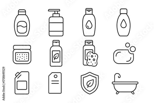 Body Care Icons. Line style icons of body and bath products: body wash, lotion pump, shampoo bottle, bath oil; scrub jar,