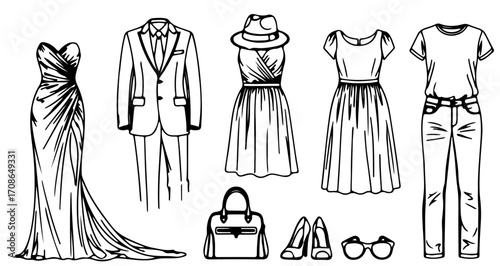 Illustration of a collection of fashion clothing and accessories, apparel set
