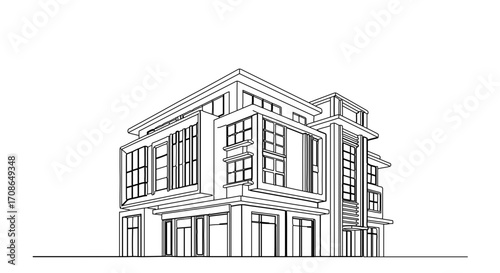 Line art illustration of a modern building, showcasing architectural design