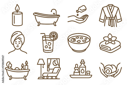 Luxurious Spa Icons. Line style icons of luxurious spa experiences: golden candle, marble tub, oil massage, silk robe; lavender
