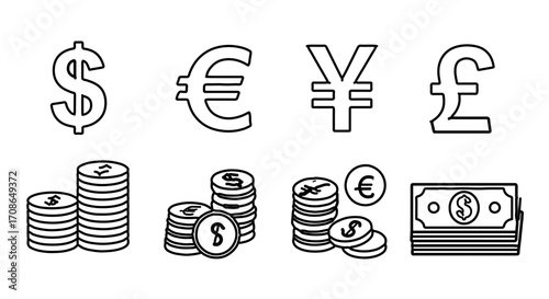 Collection of currency symbols and coins, representing global finance and economy