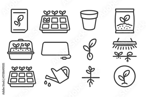 Seed Starting Icons. Line style icons of seed starting supplies: seed packet, labeled tray, peat pot, seed starter mix; humidity