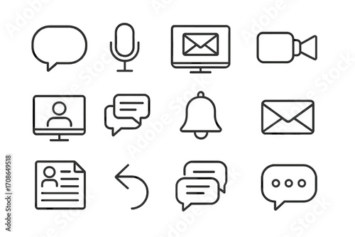 E-Learning Icon Set. Line style icons of e-learning communication: chat bubble, mic icon, email with screen, camera icon; video