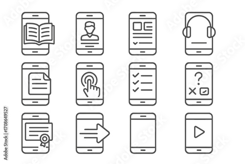 Mobile Learning Icons. Line style icons of mobile learning: phone with book, course on mobile, app interface, audio lesson; scroll