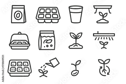 Seed Starting Icons. Line style icons of seed starting supplies: seed packet, labeled tray, peat pot, seed starter mix; humidity