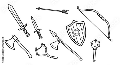 Black and white line drawing of medieval weapons, perfect for fantasy themes