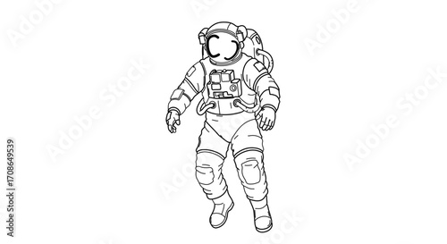 Line art illustration of an astronaut in a spacesuit floating in space