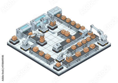 Squared 3D isometric view of a futuristic automated warehouse with conveyor belts, robotic arms, and AI-powered machines managing packages, symbolizing logistics, smart industry, and advanced supply