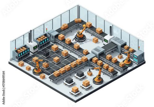 Squared 3D isometric view of a futuristic automated warehouse with conveyor belts, robotic arms, and AI-powered machines managing packages, symbolizing logistics, smart industry, and advanced supply
