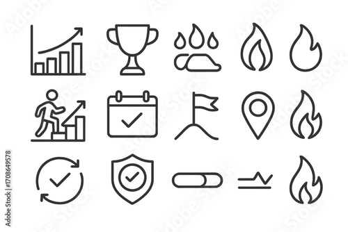 Learning Motivation Icons. Line style icons of learning motivation and goals: goal chart, trophy icon, daily streak, learning