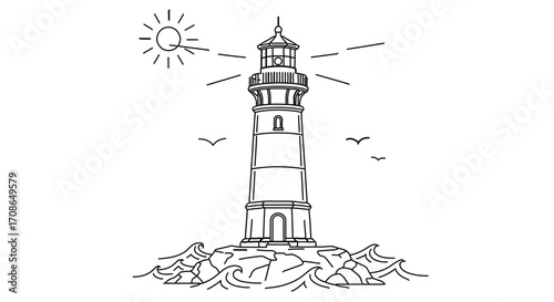Hand drawn lighthouse on rocks with sun and seagulls in black and white