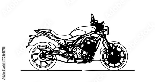 Line art illustration of a motorcycle, showcasing its design and features