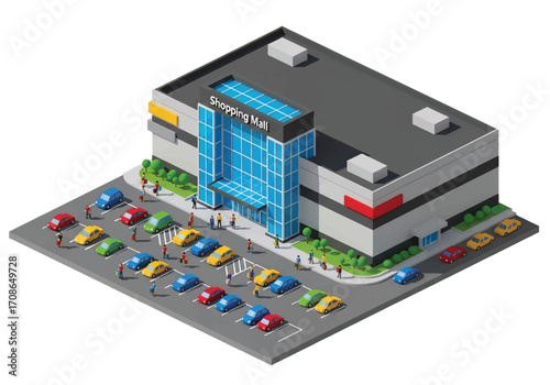 Squared 3D isometric view of a modern shopping mall with glass entrance, parking lot full of colorful cars, and people walking, symbolizing retail, commerce, lifestyle, and urban shopping culture