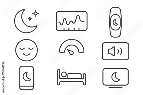 Sleep Wellness Icons. Line style icons of sleep tracking and wellness: moon with stars, sleep graph, smart band, calm icon; time