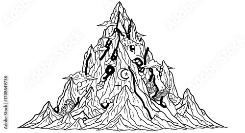 Mountain peak with religious symbols, a spiritual and symbolic representation