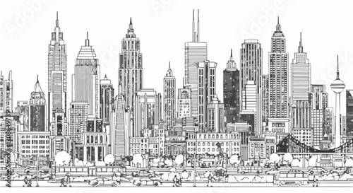 Detailed line art illustration of a cityscape skyline with skyscrapers