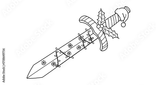 Illustration of a christmas themed sword decorated with lights and holly