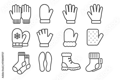 Line Style Hand Warmers. Line style icons of hand and foot warmers: knit gloves, mittens, fleece gloves, touchscreen gloves; snow