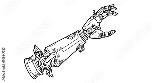 Illustration of a steampunk mechanical arm with intricate details