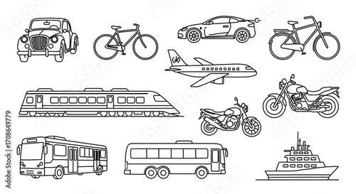 Illustration of various modes of transportation including car, bike, plane, train, bus, and ship