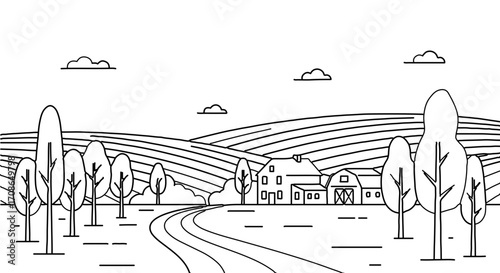 Scenic farm landscape illustration featuring rolling hills and a winding road