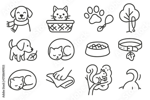 Pets and Nature Icons. Line style icons of pets and nature interaction: dog with scarf, cat in basket, paw prints, leash by tree;