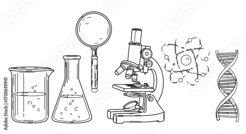 Science equipment illustration, a detailed line art drawing of laboratory tools and molecules