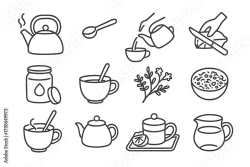Tea Preparation Icons. Line style icons of homemade tea prep: boiling kettle, measuring spoon, pouring tea, slicing lemon; honey