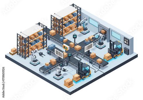 Squared 3D vector isometric view of a smart automated warehouse with robotic arms, forklifts, conveyor belts, and barcode scanners handling packages, efficiency, logistics, and modern industry