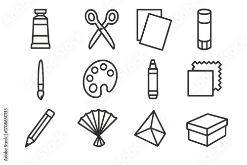 Art Supplies Icons. Line style icons of school supplies for arts: paint tube, scissors, construction paper, glue stick; craft