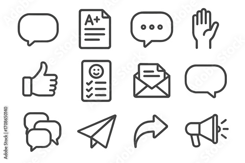 Communication Icons Set. Line style icons of communication and feedback: message bubble, report card, comment icon, raise hand;