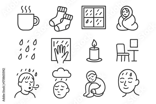 Rainy Day Comfort. Line style icons of rainy day moods: steaming mug, curled up socks, window view, wrapped blanket; raindrop