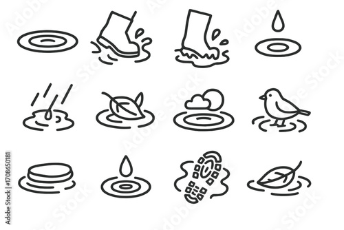 Puddle Splash Icons. Line style icons of puddles and splash moments: ripple puddle, big foot splash, tiny ring drop, splash from
