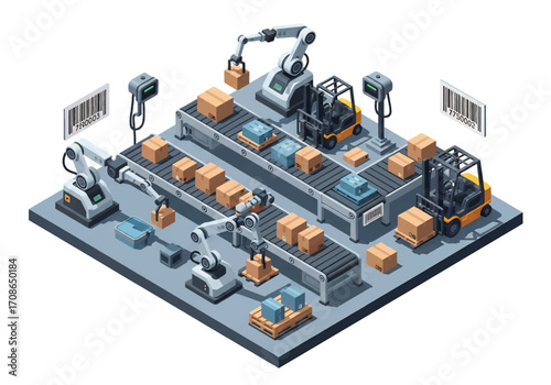 Squared 3D vector isometric view of a smart automated warehouse with robotic arms, forklifts, conveyor belts, and barcode scanners handling packages, efficiency, logistics, and modern industry
