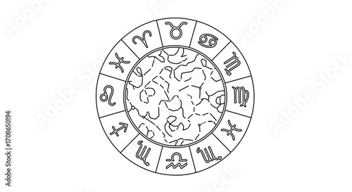 Detailed line art of zodiac signs in a circle, a celestial and astrological design