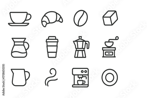 Minimalist Coffee Icons. Line style icons of minimalist coffee icons: cup, croissant, coffee bean, sugar cube; drip pot, takeaway