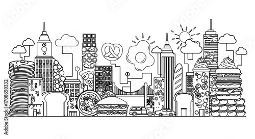 Illustration of a city skyline made of food items including pizza, burgers, and pancakes