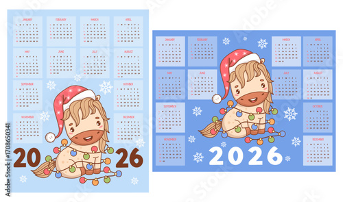 2026 calendar. Cute Christmas Horse in Santa hat with Garland. New Year animal. Vector vertical and horizontal annual template 12 months in English. Week on Sunday. Symbol Year in Eastern calendar