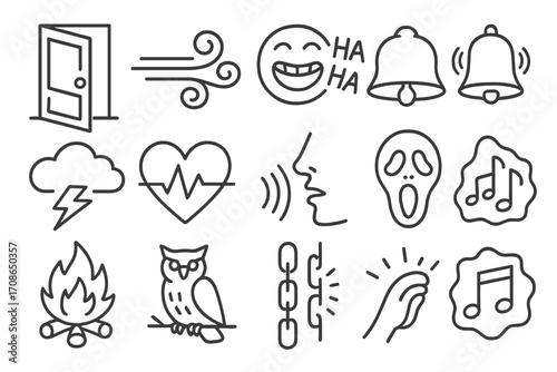 Halloween Sound Icons. Line style icons of Halloween sounds: creaking door, howling wind, laughter, distant bell; thunder,